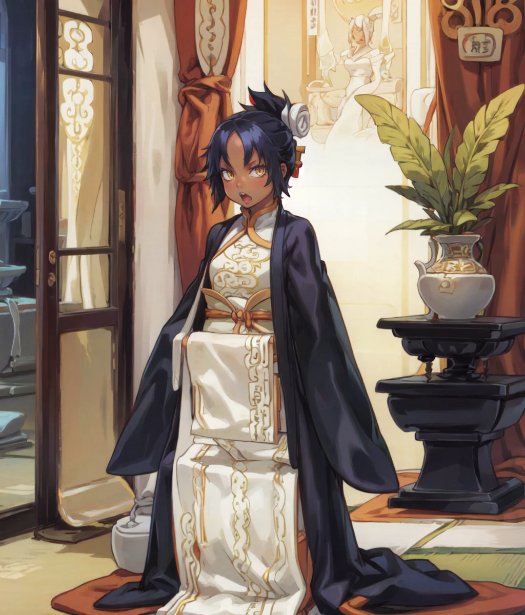 masterpiece, solo, 1girl, full body, black hair, japanese clothes, standing, dark skin, open mouth, sandals, yellow eyes, long sleeves, sleeves past wrists, short hair, sleeves past fingers, looking at viewer, dark-skinned female indoors, chinese palace, (full body) <lora:doushi SB:1>