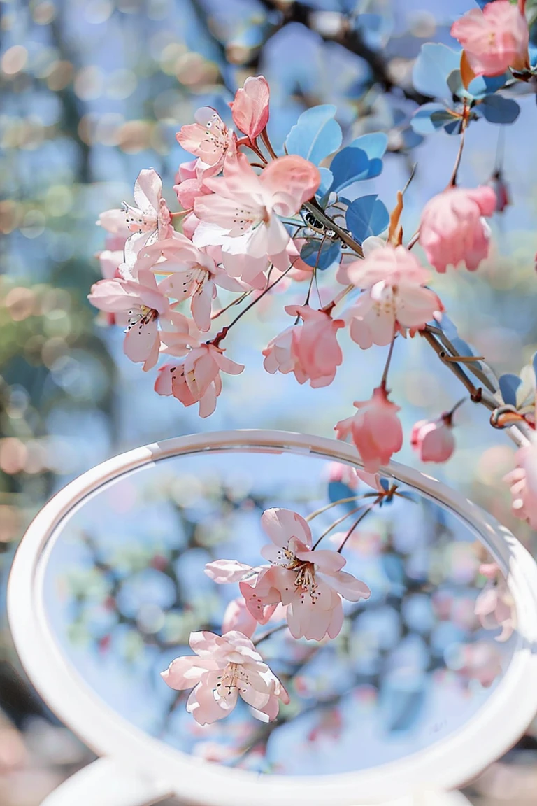 haitang,still life,no humans,blurry,flower,mirror,Powder blue tone,pink flower,depth of field,cherry blossoms,blurry background,petals,reflection,<lora:haitangsaibo:0.9>,