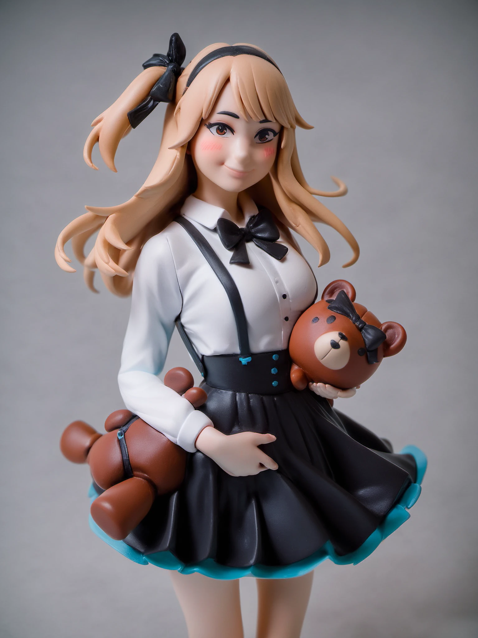 <lora:xl_figure style(kohaku_Delta)6:1>,figure style,photorealistic,photo \(medium\),1girl,stuffed toy,solo,stuffed animal,teddy bear,long hair,skirt,shirt,brown eyes,suspender skirt,suspenders,bow,looking at viewer,long sleeves,black skirt,bowtie,white shirt,ribbon,hair ribbon,high-waist skirt,one side up,smile,holding,light brown hair,grey background,collared shirt,holding stuffed toy,closed mouth,casual,black ribbon,bangs,black bow,standing,black neckwear,bandages,hairband,simple background,layered skirt,blush,medium skirt,wind,, score_9,_up score_8_up,