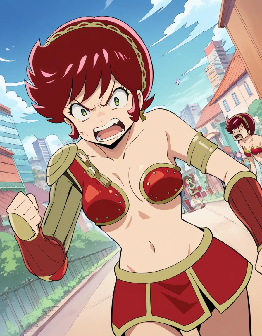 score_9, score_8_up, score_7_up, source_anime,
uruseiyatsurabenten, <lora:urusei-benten-ponyxl-lora-nochekaiser:1>,
benten, short hair, green eyes, red hair, hairband, angry, anger vein, open mouth, shouting,
armor, bikini armor,
outdoors, cityscape,
looking at viewer, cowboy shot, dutch angle,