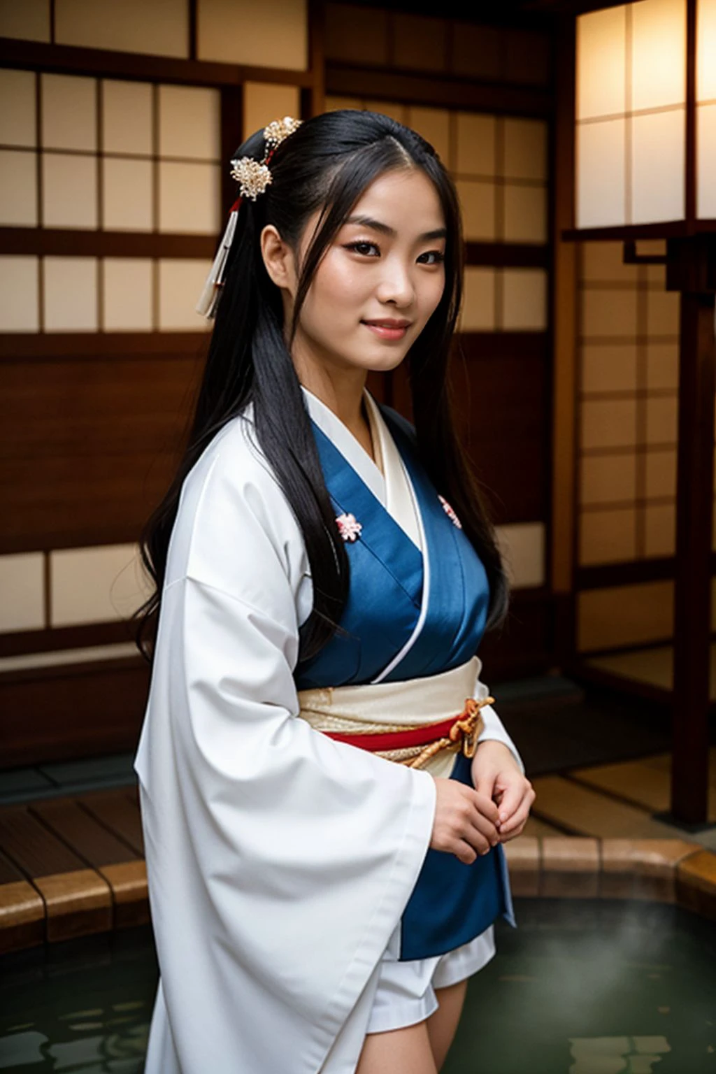 Cinematic still, full body shot of annasawa1, kimono, geisha, white cotton thighhighs, smirking, long hair, smile, traditional makeup,  <lora:annasawa1:1>, ((japanese hot spring)), steam, feudal japan, realistic, Amateur Photographer, subsurface scattering, film grain, very detailed skin texture, high quality, 35mm photograph, film grain, bokeh, professional, 4k, highly detailed