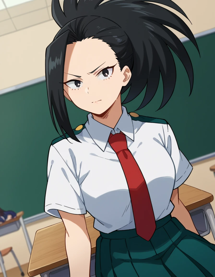 score_9, score_8_up, score_7_up, source_anime,
yaoyorozumomo, <lora:momo-yaoyorozu-ponyxl-lora-nochekaiser:1>,
yaoyorozu momo, long hair, bangs, black hair, ponytail, black eyes, high ponytail, wide ponytail,
skirt, shirt, school uniform, white shirt, short sleeves, pleated skirt, necktie, collared shirt, red necktie, green skirt, u.a. school uniform,
indoors, classroom, sitting, desk, chair,
looking at viewer, cowboy shot, dutch angle,