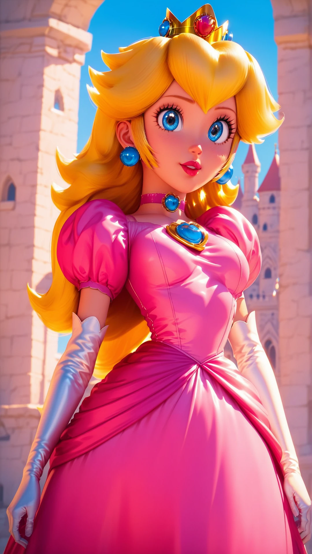 score_9,score_8_up,score_7_up,score_6_up,score_5_up,score_4_up BREAK <lora:Princess_Peach_Shiny_Style-000009:0.9>,skinny,choker,medium breasts,detached sleeves,princess peach,pink dress,castle,outside,