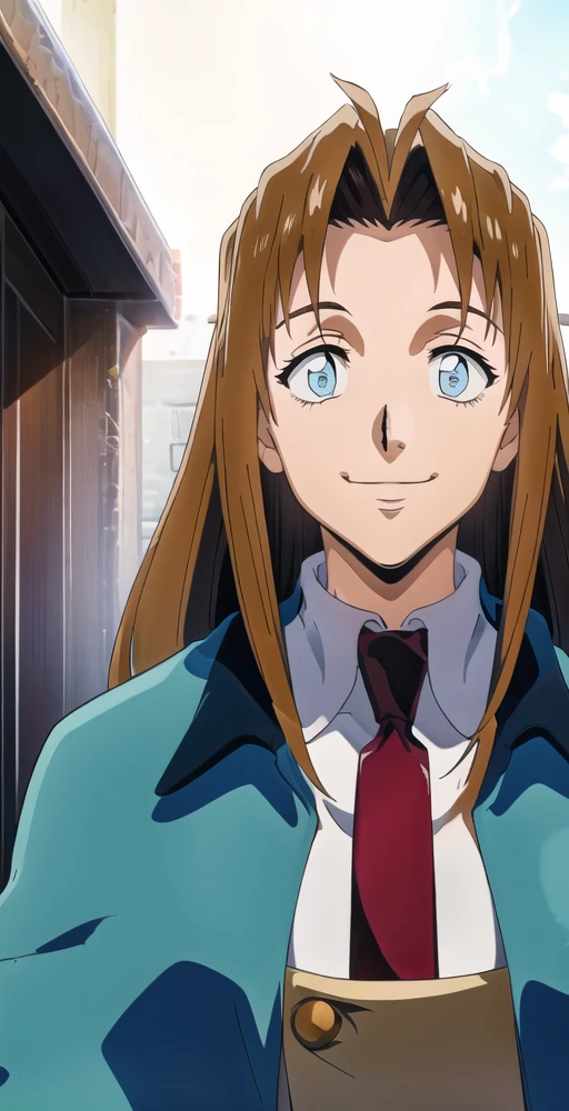MTV2, 1girl, solo, portrait, upper body, looking at viewer, smile, uniform, blue capelet, tan coat, necktie, white collar shirt, perfect quality, good quality, masterpiece, HDR, UHD <lora:Milly Thompson V2-000004:0.8>