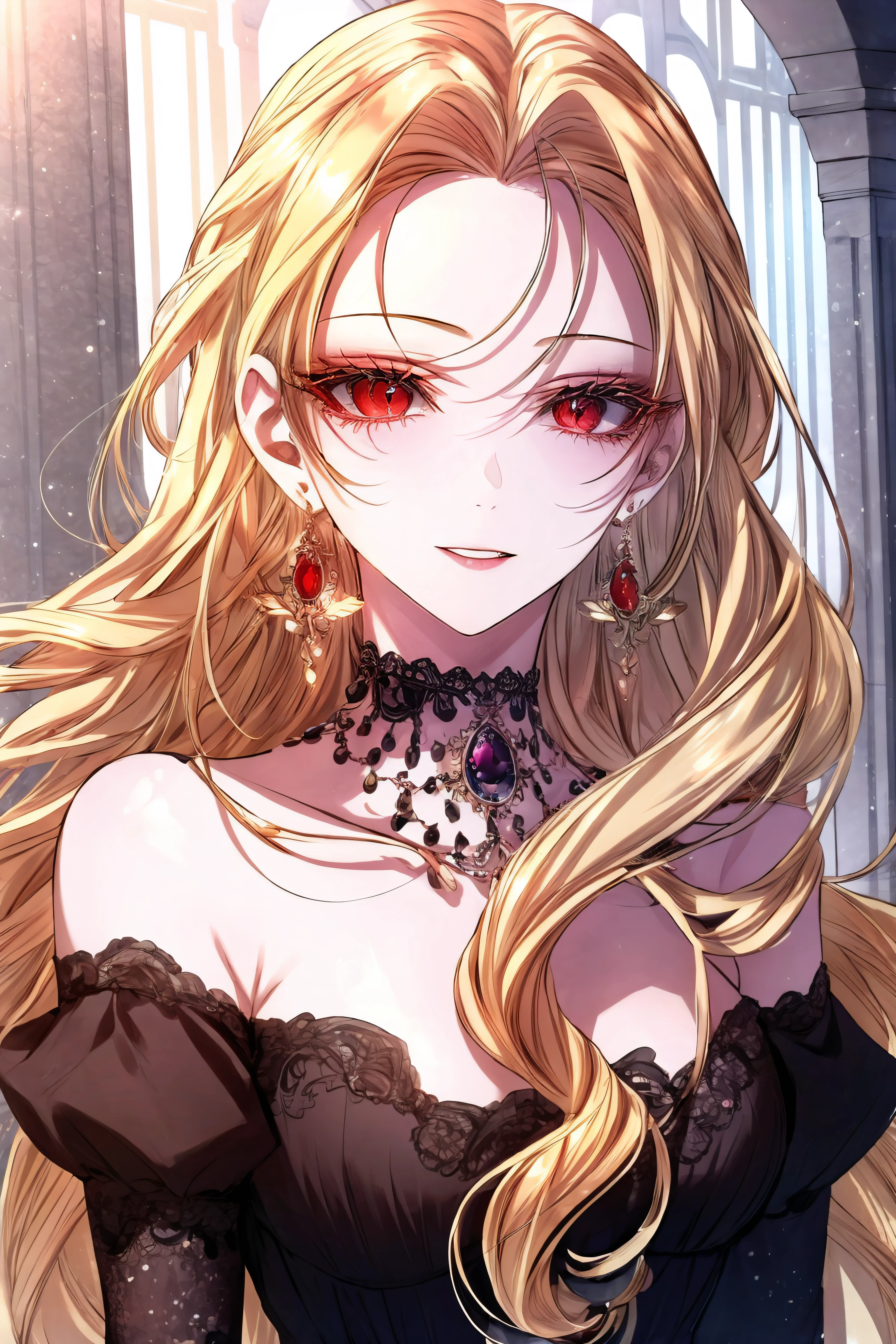(masterpiece, best quality), <lora:roxana agrece:0.8> roxana agree, red eyes, slit pupils, blonde hair, long hair, bare shoulders, jewelry, earrings, black dress,
<lora:add_detail:0.8>,