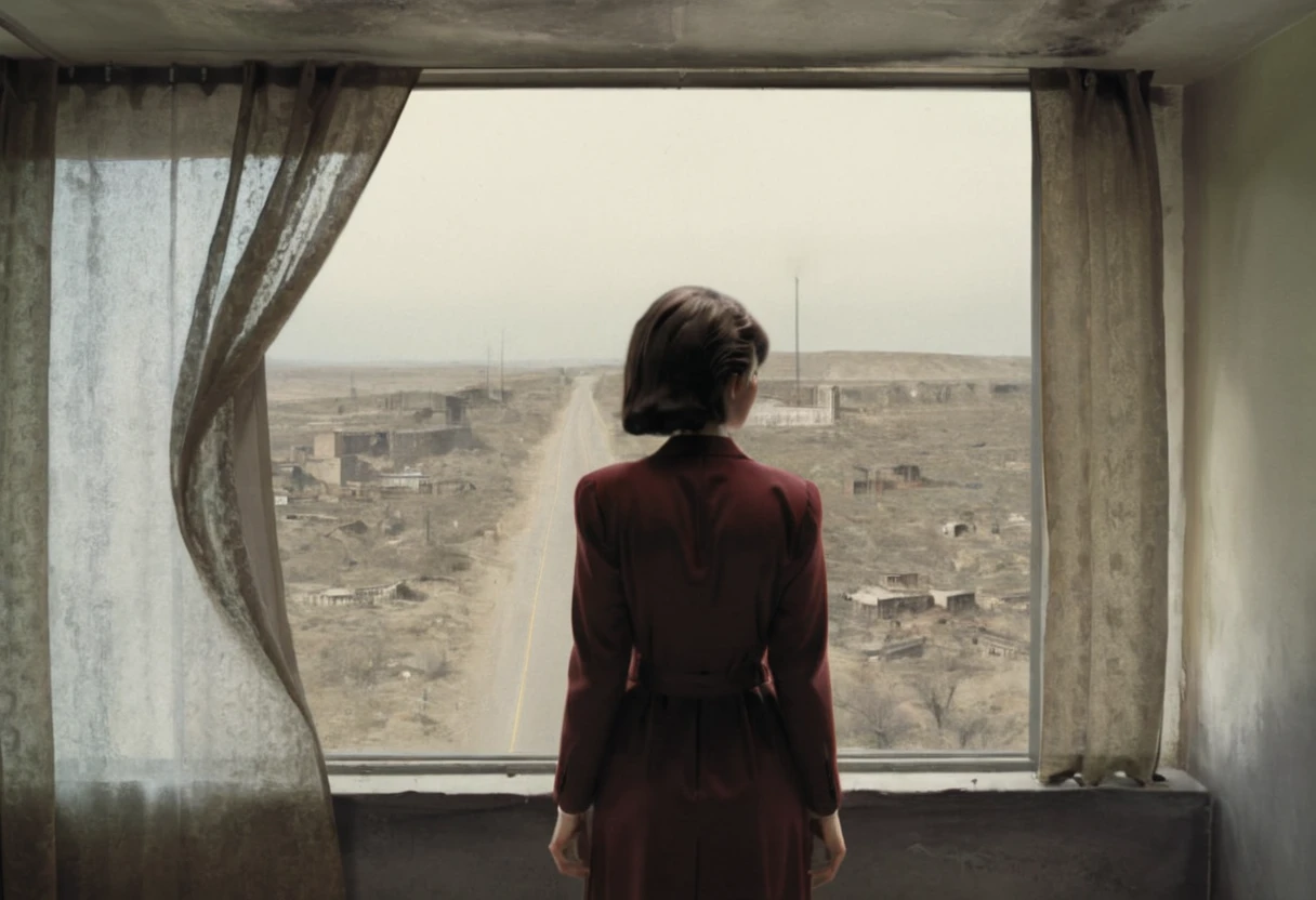 shot from behind of a woman looking out of window, throw a curtain, destroyed world in the window, fine details, uncanny, lynch style <lora:lynchstyle_v0.0.3:1.3>