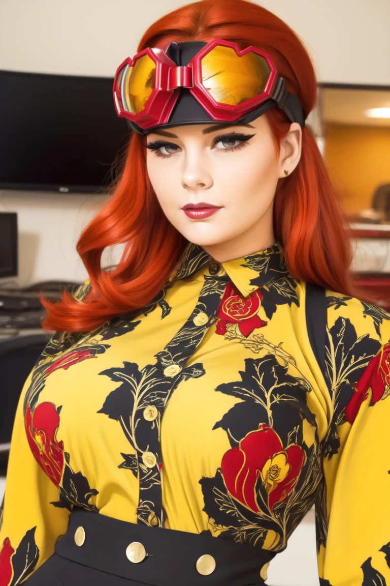 portrait, standing,, woman, wearing office, portrait, woman, victory roll red hair and a perfect, voluptuous body, captured in full view. she wears dark eyeliner, HUD_Gth_Wrk, pants, buttons, black red and yellow patterned shirt, <lora:HUD_Gth_Wrk:0.65> and goggles over eyes, <lora:heart_goggles-000009:0.8>,