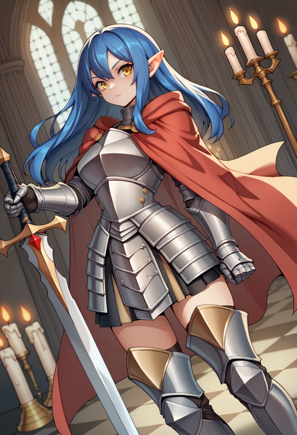 score_9, score_8_up, score_7_up, score_6_up, source_anime, BREAK dutch angle, castle, candle, darkness, indoors, shade, 1girl, long hair, blue hair, yellow eyes, pointy ears, knight, armor, pauldrons, breastplate, red cape, gold trim, armored skirt, thigh boots, standing, holding sword, looking at viewer, <lora:Niur_PDXL-10:1>