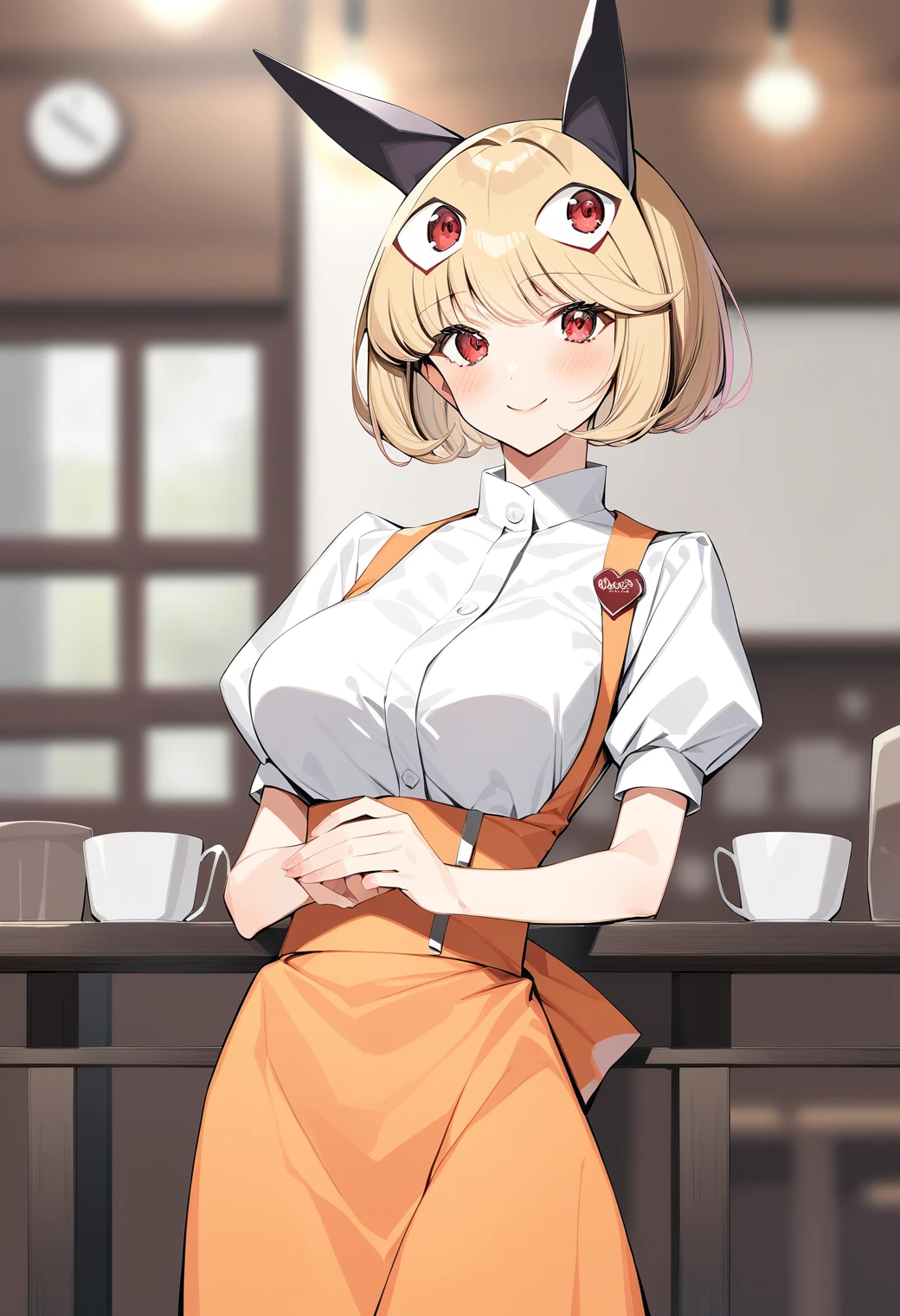 1girl, large breasts, cowboy shot, smile, (indoors:1.2), (cafe:1.4),
debby_the_corsifa, red eyes, blonde hair, short hair, extra eyes, animal ears, waitress, white shirt, puffy sleeves, short sleeves, apron, orange skirt, suspender skirt, <lora:debby_the_corsifa_pony_ver1:0.7>, score_9, score_8_up, score_7_up, BREAK source_anime, rating_explicit, best quality, masterpiece, uncensored, solo,