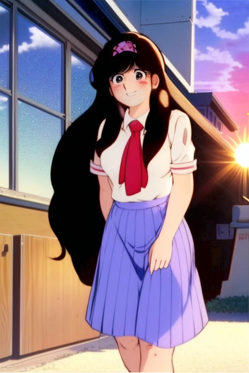 <lora:ell v3:1.0>,<lora:add_detail:0.5>,<lora:boldline:-0.3>,<lora:noline:0.3>,anime screencap,solo,ell v3,
long hair, black hair, black eyes, shiny glossy hair, wavy hair, waist-length hair, polka-dot hair band on pink background, large breasts, skirt, shirt, blue skirt, White socks, brown loafers, collared shirt, short sleeves, school uniform, white shirt, necktie, red necktie, shirt tucked in, (smile, embarrass, blush, shy:1.4), (indoors, school, sun, sky:1.8), standing,