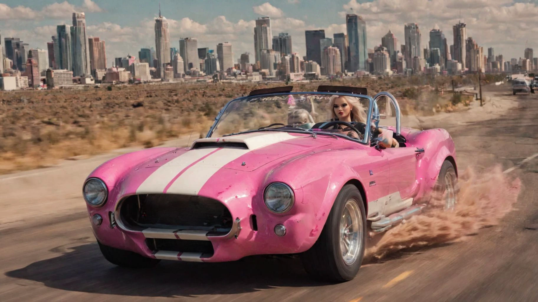 2d (illustration:1.2) by (John Trumbull:1.2), barbie driving pink shelby 427 with white rally stripes,
mud tires, tank treads, middle finger up,
intricate details, motion blur, cyberpunk highway with city in distant background
<lora:add-detail-xl:1>
<lora:Shelby 427_SDXLBase:1>