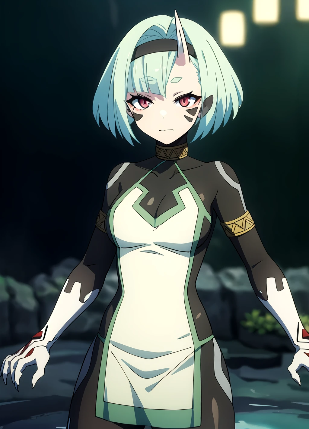 Koko Zenibako, dress, black skin color, 1girl, solo, short hair, looking at viewer, claws, red eyes, green hair, facial mark, hairband, single horn, breasts, aqua hair, closed mouth, <lora:Koko Zenibako anylora25r39r-000007:0.7>