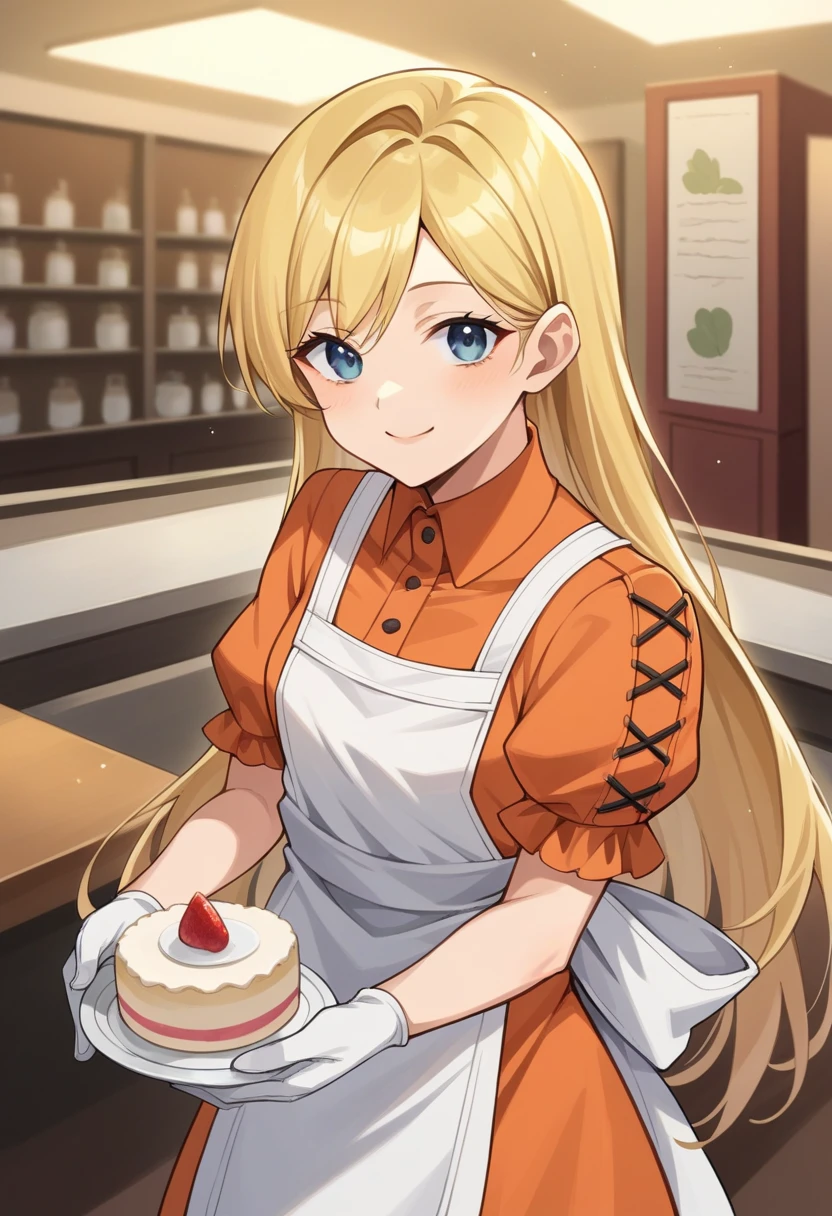score_9, score_8_up, score_7_up, source_anime BREAK 1girl, solo, <lora:zs_HanounXL:1> hanounsmtii, long hair, blonde hair, orange dress, apron, gloves, cafe, holding cake, smile, looking at viewer