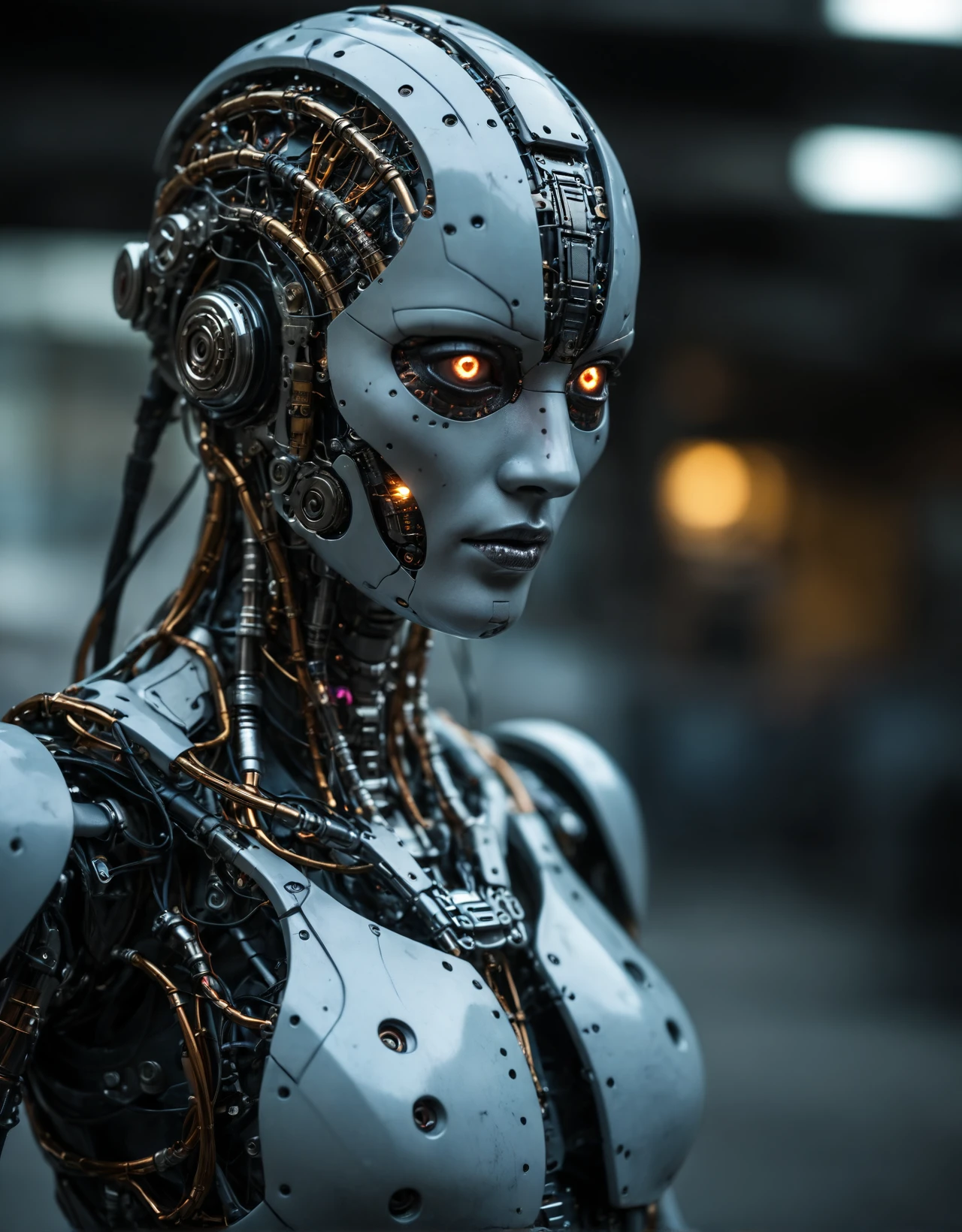 extreme close-up of a feminine survivor robot with the face designed by avant-garde fossil, ultra details in every body parts in matt sapphire, rich illuminated electro-mechanical and electronics computer parts circuit boards and wires can be seen beneath the skin, cybernetic eyes, rich textures including degradation, Tamiya model package, (stands in a dynamic action pose:1.25) and looks at the camera 8k, dark and gritty atmosphere, water reflection light, taken with standard lens