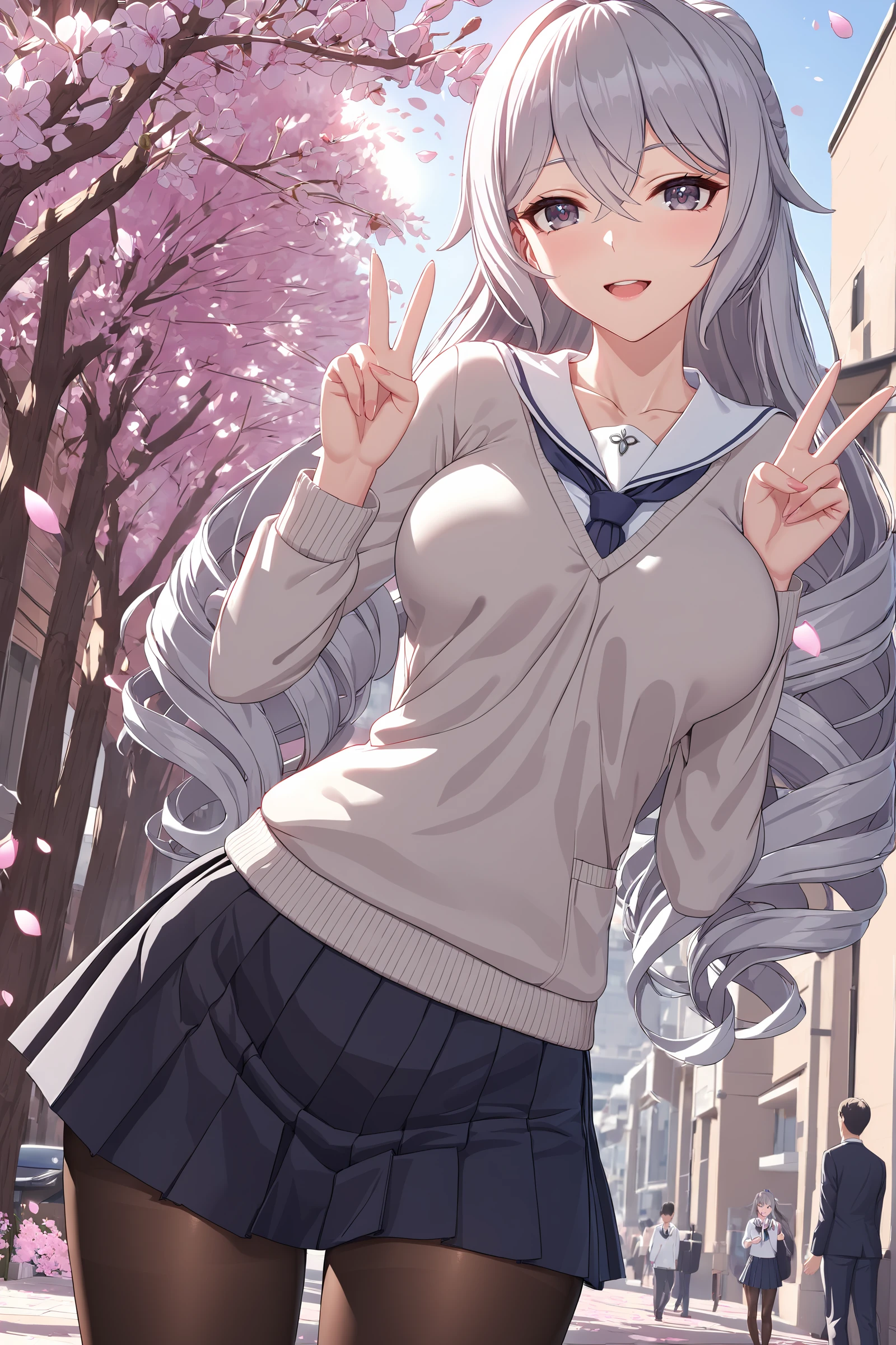 masterpiece, best quality, perfect features, intricate details, ray tracing, illustration,1girl, bronya zaychik, solo, school uniform, white shirt, sweater, pleated skirt, pantyhose, light smile, double v, looking at viewer, smile, open mouth, outdoors, street, cherry blossoms, petals, depth of field , <lora:Char_Honkai_Bronya_XL_v1:0.9>