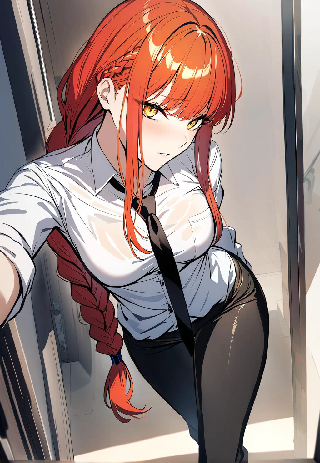 (lora:makimacm44:1), 1girl, solo, ringed yellow eyes, red long hair, bangs,  braid, sidelocks, white shirt, black pants, black necktie, braided ponytail, studio anime, eerie, vibrant colors, (masterpiece:1.6), (high quality:1.6)