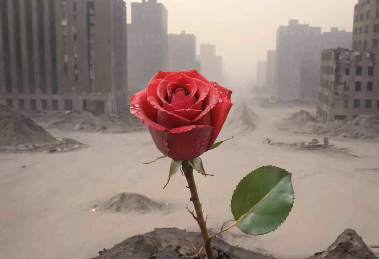 a beautiful single red rose sprouting in the middle of a deserted destroyed city covered in debris and sand, dawndrops, dawn, subtle sunlight, fog, nature, realism, hyperrealism, fine details, uncanny, lynch style <lora:lynchstyle_v0.0.3:1.5>