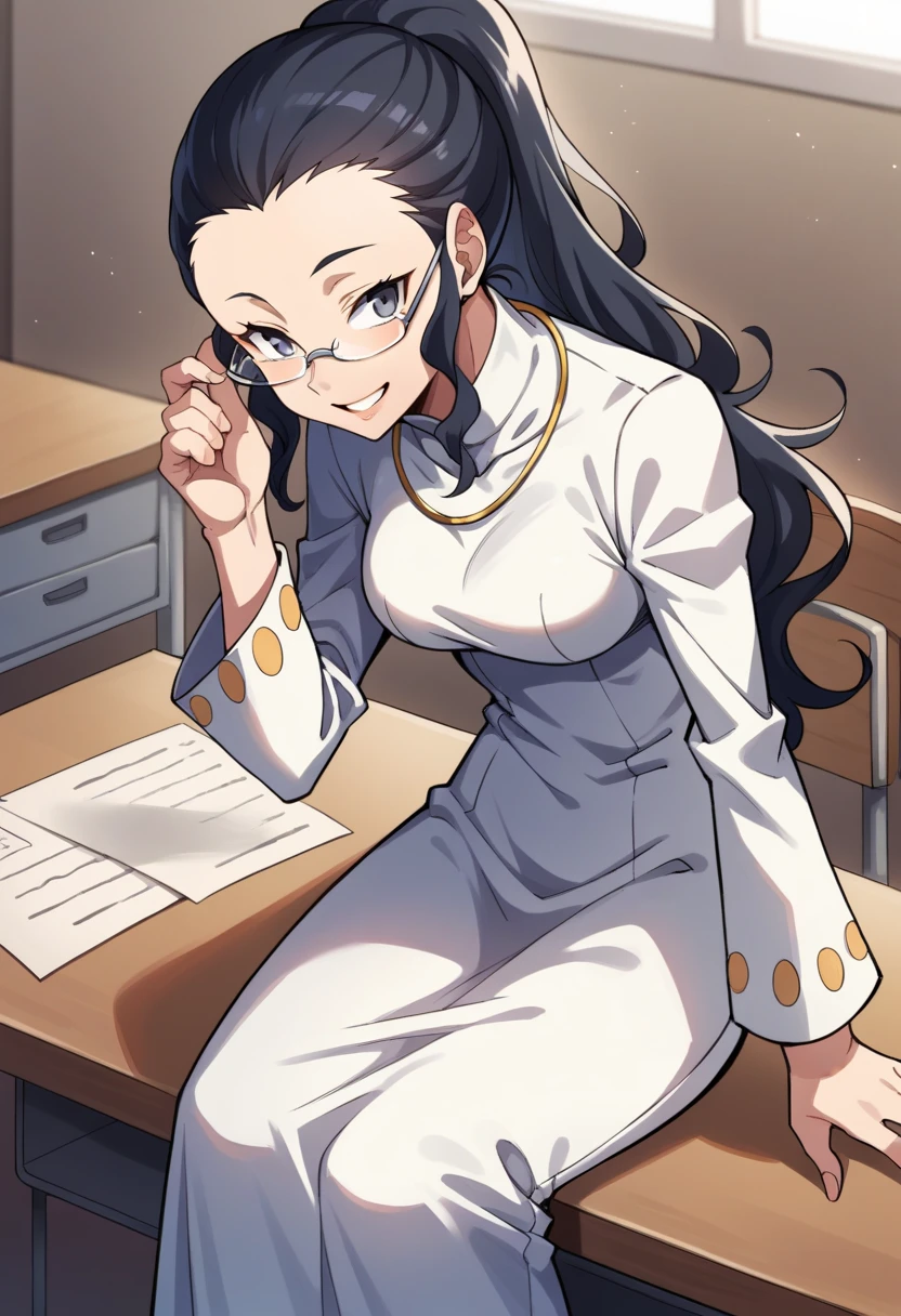 score_9, score_8_up, score_7_up, source_anime BREAK 1girl, solo, <lora:zs_MayoidoXL:1> mayoidop3, long hair, ponytail, black hair, glasses, dress, necklace, smile, sitting, desk