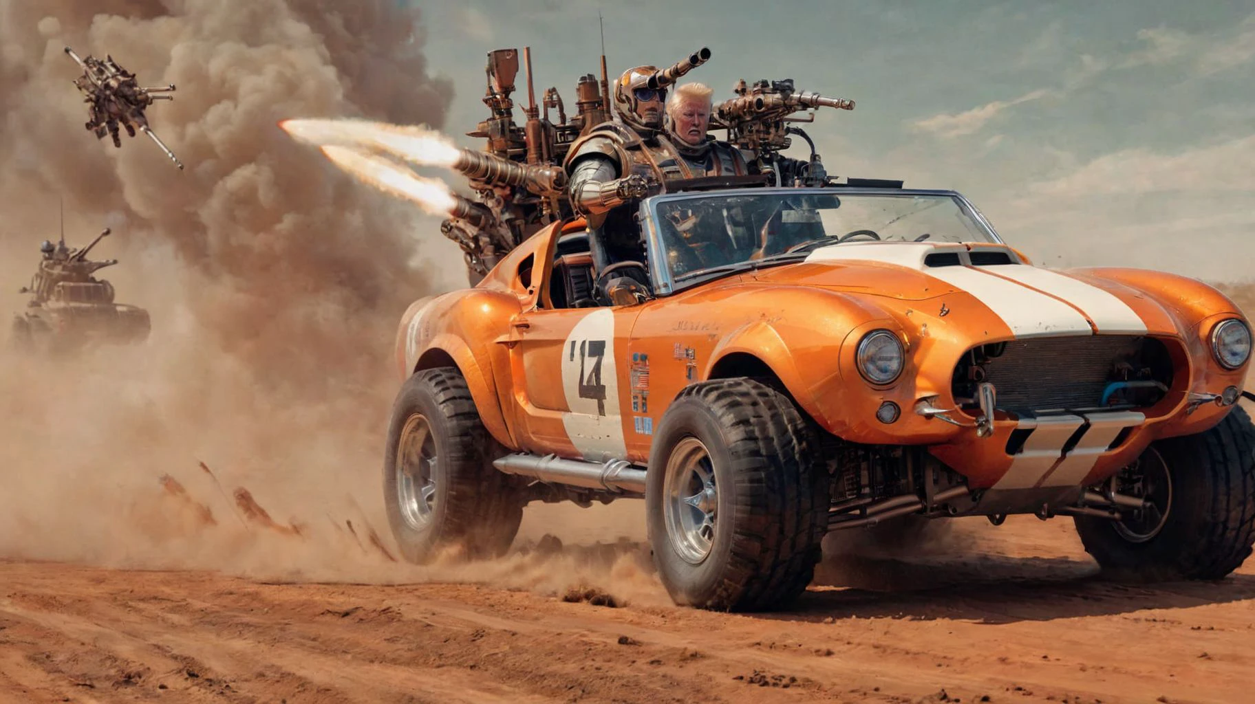 2d (illustration:1.2) by (John Trumbull:1.2), DonaldTrump driving orange shelby 427 with white rally stripes, teslapunkai battle mech,
rocket launchers, machine guns, mud tires, tank treads
intricate details
<lora:add-detail-xl:1>
<lora:Shelby 427_SDXLBase:1>
<lora:TechPunkAIv2:0.5>