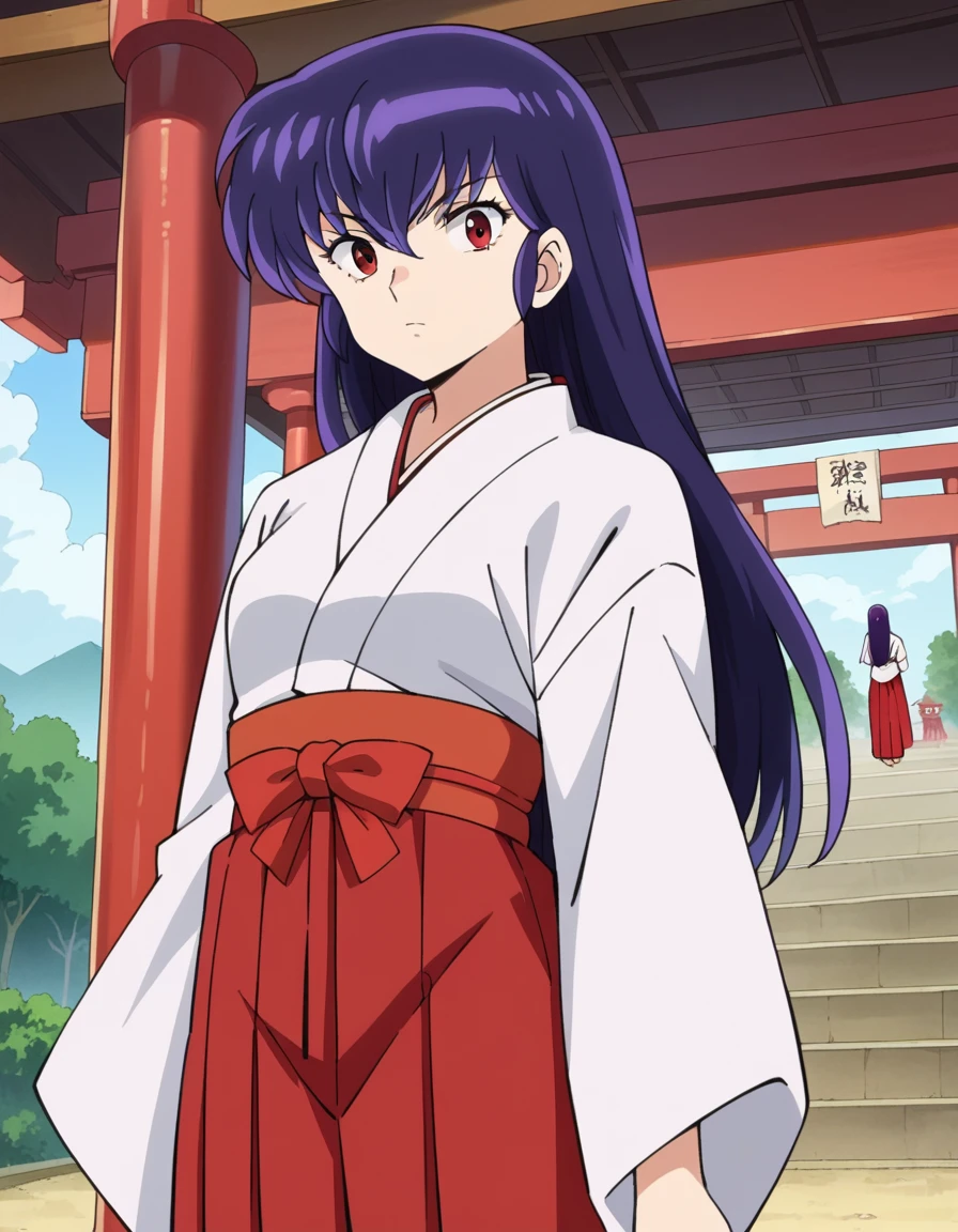 score_9, score_8_up, score_7_up, source_anime,
uruseiyatsurasakura, <lora:urusei-sakura-ponyxl-lora-nochekaiser:1>,
sakura, long hair, purple hair, red eyes,
skirt, japanese clothes, wide sleeves, kimono, hakama, hakama skirt, white kimono, miko, red hakama,
outdoors, shrine,
looking at viewer, cowboy shot, dutch angle,