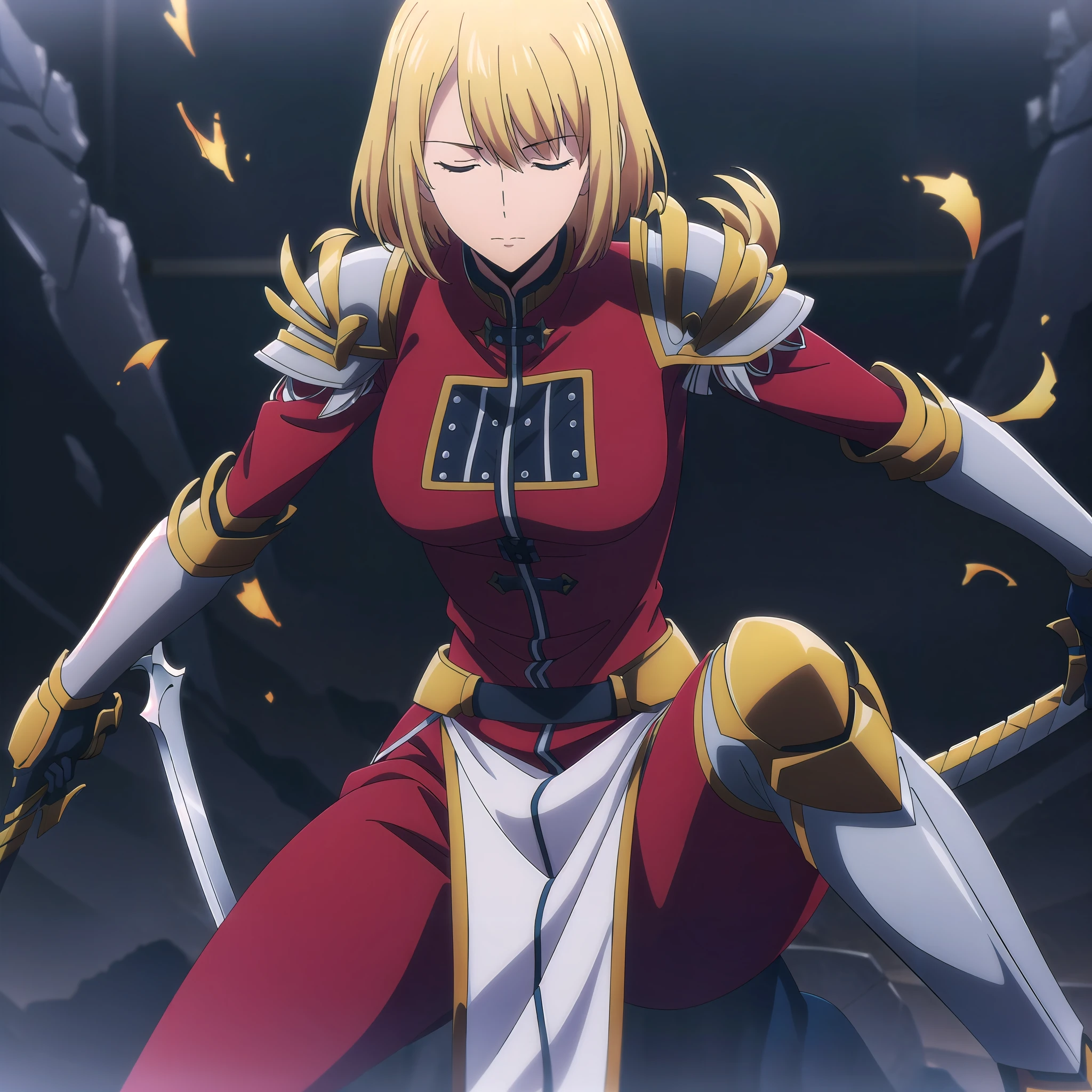 <lora:cha:0.75> cha, 1girl, solo, breasts, short hair, blonde hair, large breasts, gloves, holding, closed mouth, closed eyes, weapon, sword, holding weapon, armor, holding sword, shoulder armor, gauntlets, pauldrons