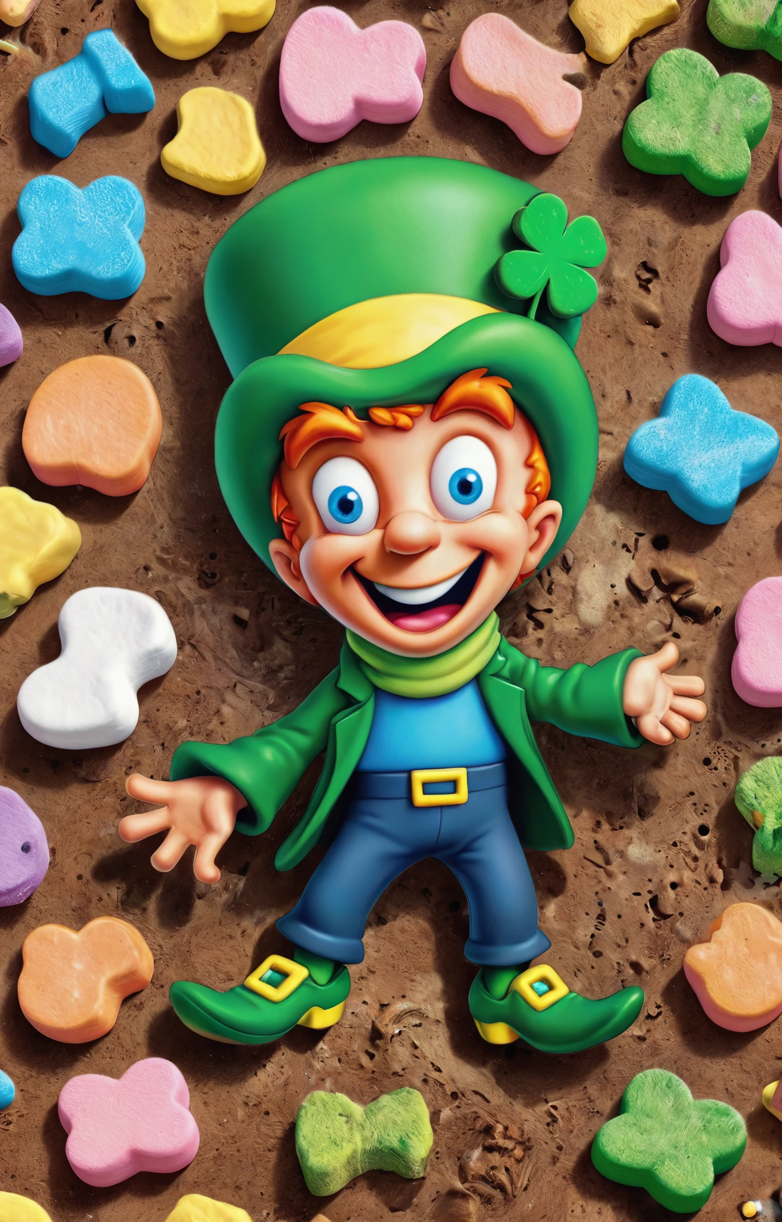 (Lucky the Leprecaun, colorful marshmallow charms:1.5), photography in the style of detailed hyperrealism ,Craig Mullins,Jon Burgerman,geof darrow, Katsuya Terada,bold lines,scifi futuristic bio creature,syberpunk,hyper detailed,poster,dof, field of clover, Lucky Charms, (Leprechaun:2) <lora:Lucky-Charms-XL-v1-000015:0.8>