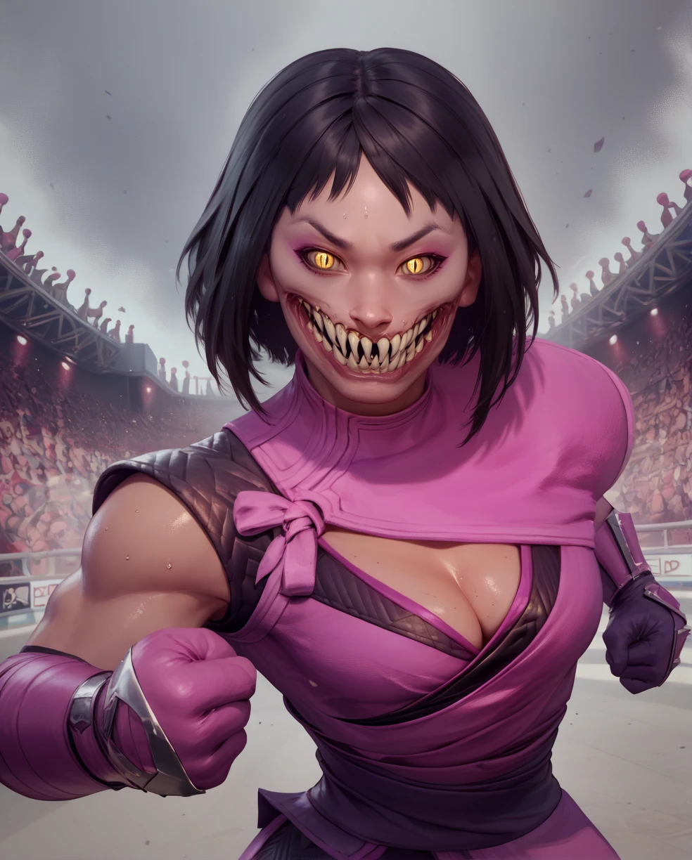 score_9,score_8_up,score_7_up,
Mileena,short black hair,yellow eyes,cold staring,looking at viewer,smile,
pink kimono,pink elbow gloves,cleavage cutout,sharp teeth,slit pupils,
standing,fighting stance,
arena,
<lora:MIleenaMK11:0.8>,