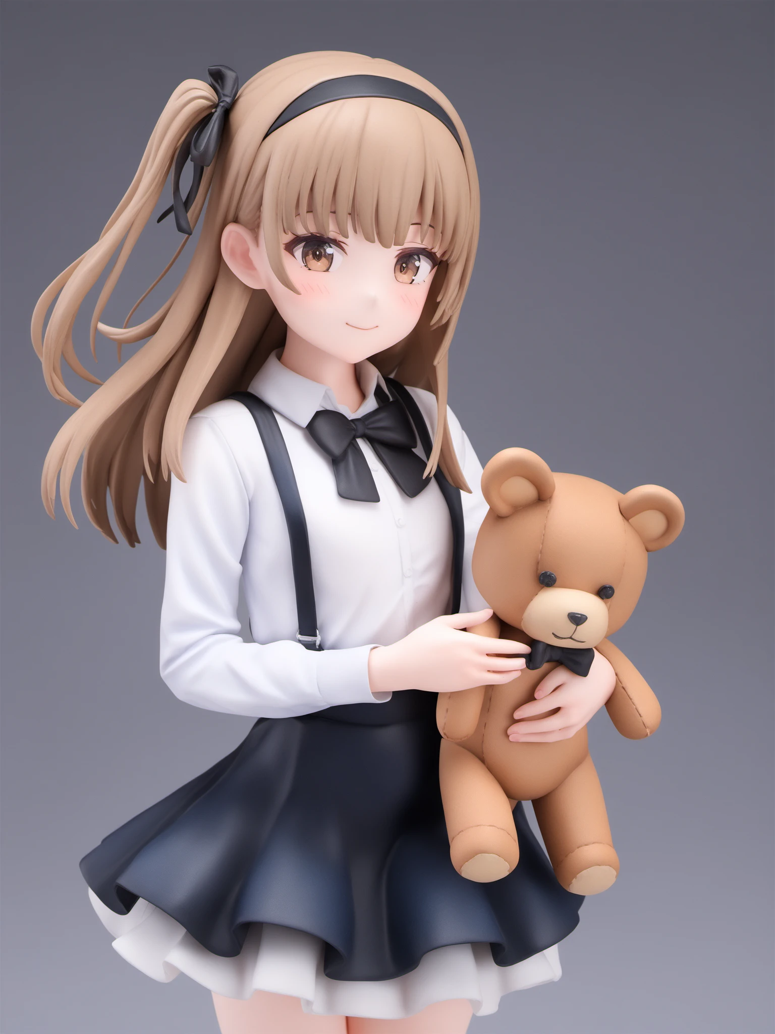 <lora:xl_figure style(kohaku_Delta)6:1>,figure style,photorealistic,photo \(medium\),1girl,stuffed toy,solo,stuffed animal,teddy bear,long hair,skirt,shirt,brown eyes,suspender skirt,suspenders,bow,looking at viewer,long sleeves,black skirt,bowtie,white shirt,ribbon,hair ribbon,high-waist skirt,one side up,smile,holding,light brown hair,grey background,collared shirt,holding stuffed toy,closed mouth,casual,black ribbon,bangs,black bow,standing,black neckwear,bandages,hairband,simple background,layered skirt,blush,medium skirt,wind,, masterpiece,best quality,