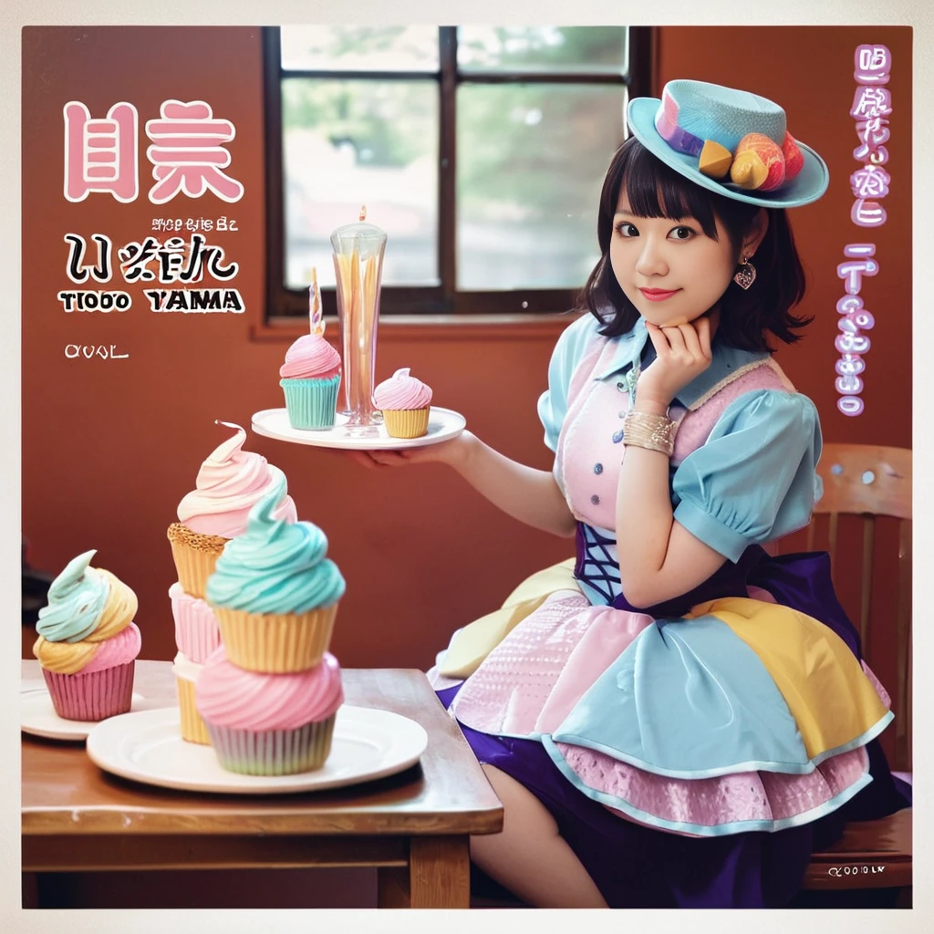 score_9, score_8_up, score_7_up, <lora:NaoToyama:0.8> naotoyama kneeling in front of table, idol dress, colorful cupcake on tray, album cover, white border, japanese text, hat,