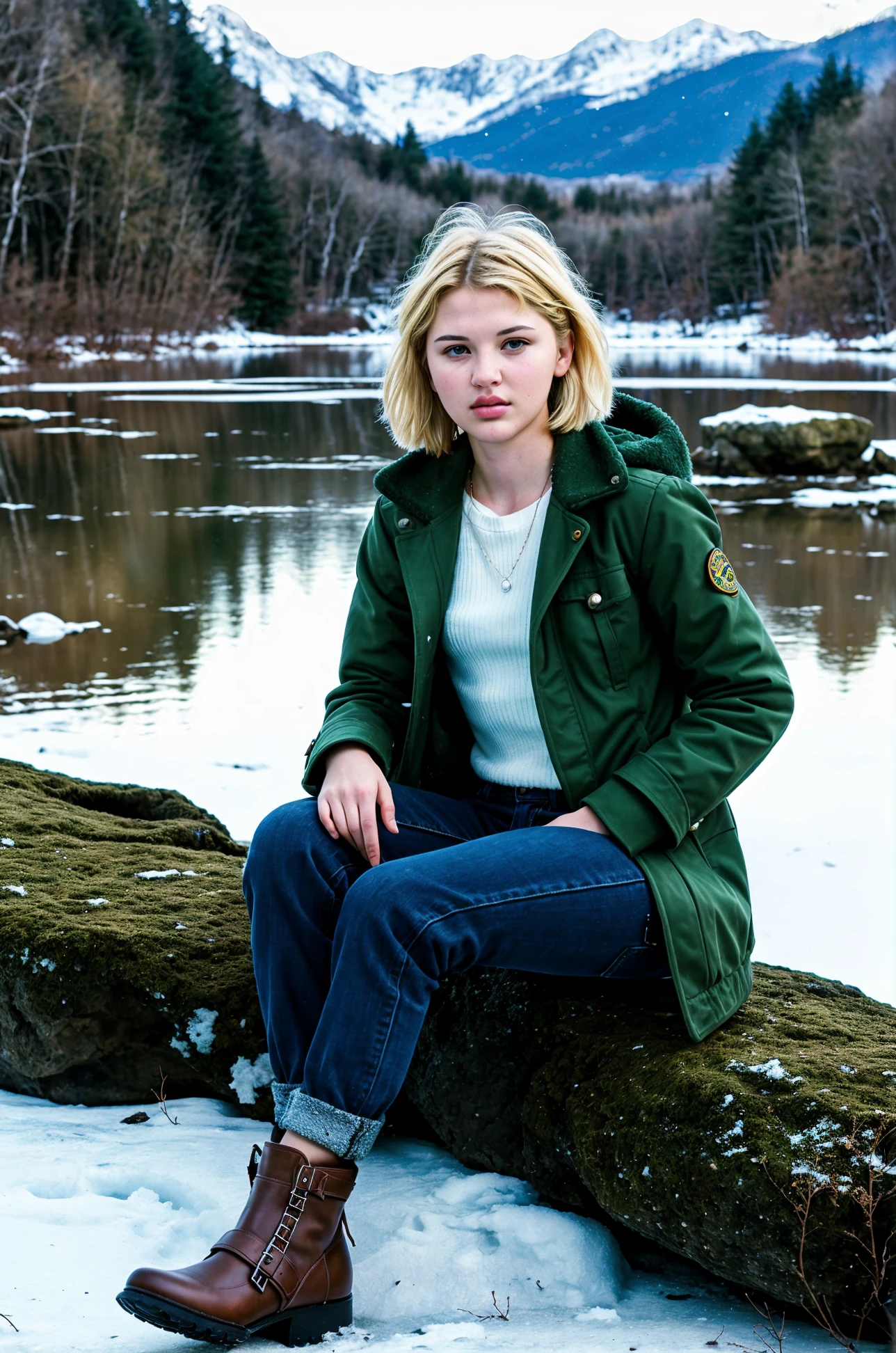 RAW photo, tv_Sarah_Grey_A, , sad expression, wearing a winter coat, wearing winter pants, wearing winter boots, sitting on a rock by a frozen mountain lake, midnight, moonlight, shot from the side,, (((epic-Ultra-HD-details, epic-Ultra-HD-highlights, epic-photo-same-realistic, upscaled-resolution, optimal)))