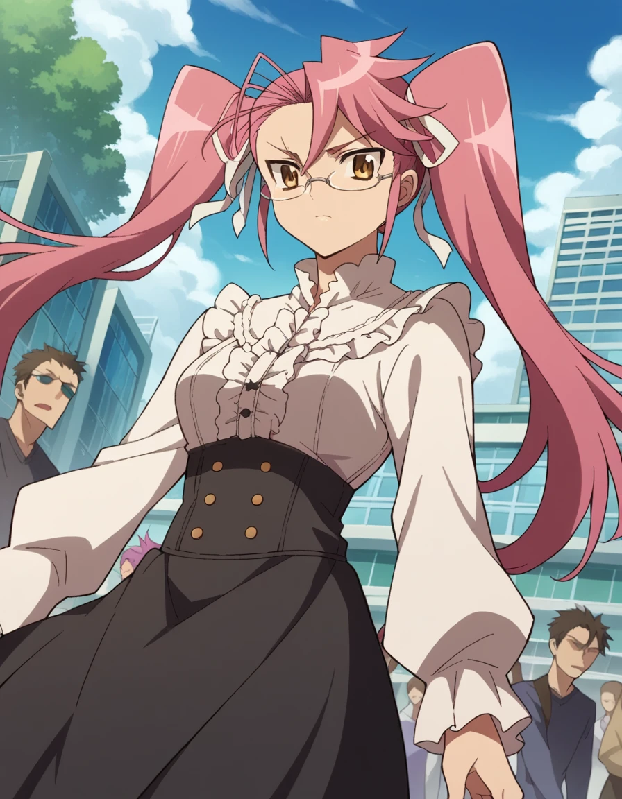score_9, score_8_up, score_7_up, source_anime,
sayatakagi, <lora:saya-takagi-ponyxl-lora-nochekaiser:1>,
saya takagi, long hair, ribbon, twintails, brown eyes, hair ribbon, pink hair, glasses,
shirt, dress, frills, long sleeves, skirt, black skirt, long skirt, centered frills,
outdoors, cityscape, zombies, crowd, people,
looking at viewer, cowboy shot, dutch angle,