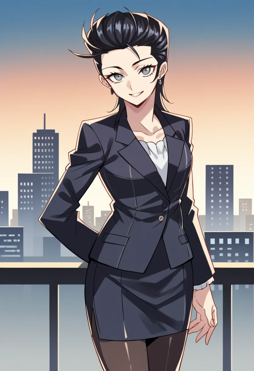 score_9, score_8_up, score_7_up, source_anime BREAK 1girl, solo,  <lora:zs_YurikoXL:1> yurikosmt, black hair, hair slicked back, grey eyes, blazer, skirt, pantyhose, skyline, city, looking at viewer, smile, sunset