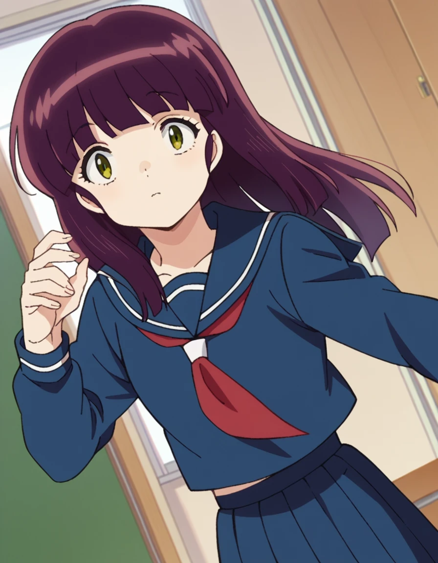 score_9, score_8_up, score_7_up, source_anime,
shinobumiyake, <lora:shinobu-miyake-ponyxl-lora-nochekaiser:1>,
shinobu miyake, long hair, bangs, purple hair, green eyes,
shirt, long sleeves, school uniform, serafuku, sailor collar, neckerchief, red neckerchief, shirt, blue shirt, blue sailor collar, blue skirt,
indoors, classroom, hallway,
looking at viewer, cowboy shot, dutch angle, dynamic pose,