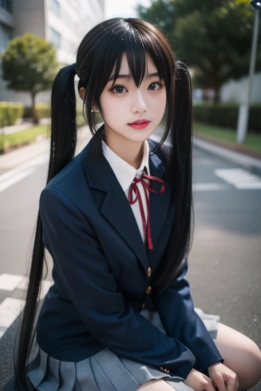 ltra-detailed,highly detailed,best quality,masterpiece,illustration,realistic,photorealistic,
nakano azusa, sakuragaoka high school uniform,
1girl, solo, cosplay,
very long hair, bangs, low twintails,
looking at viewer, sitting, 
outdoors, 
<lora:nakano azusa_v1_06:0.7>