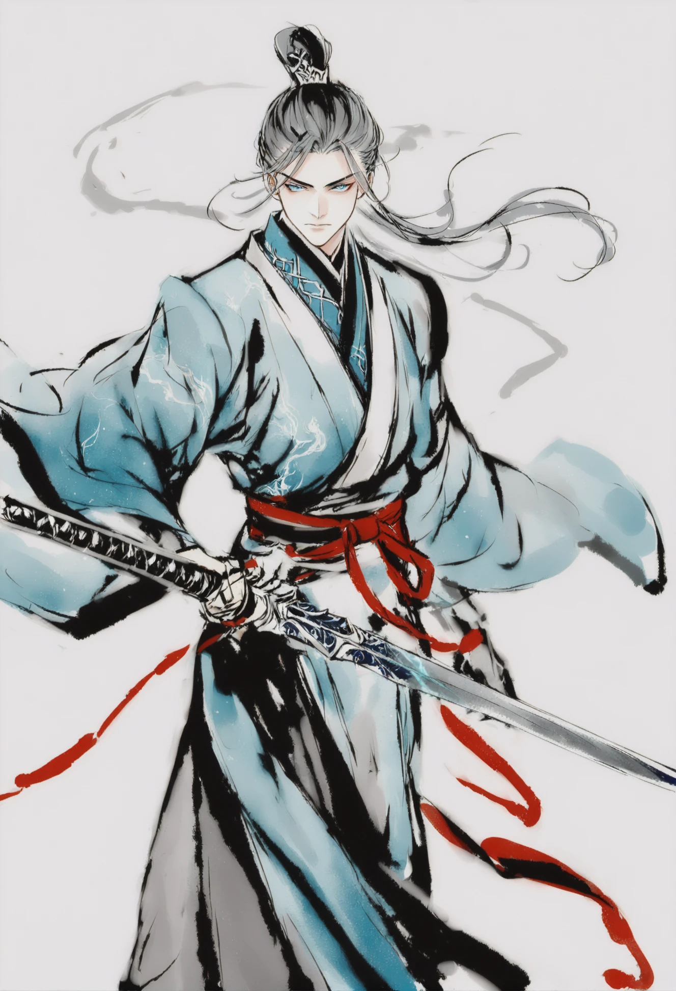 masterpiece, best quality, <lora:sd_xl_dpo_lora_v1-128dim:1>,solo, long sleeves, chinese clothes, white background, traditional media,hanfu,weapon , solo, 1boy, male focus , standing , grey background, glowing ,
<lora:inkXLlokr4fjru-000143:1>
