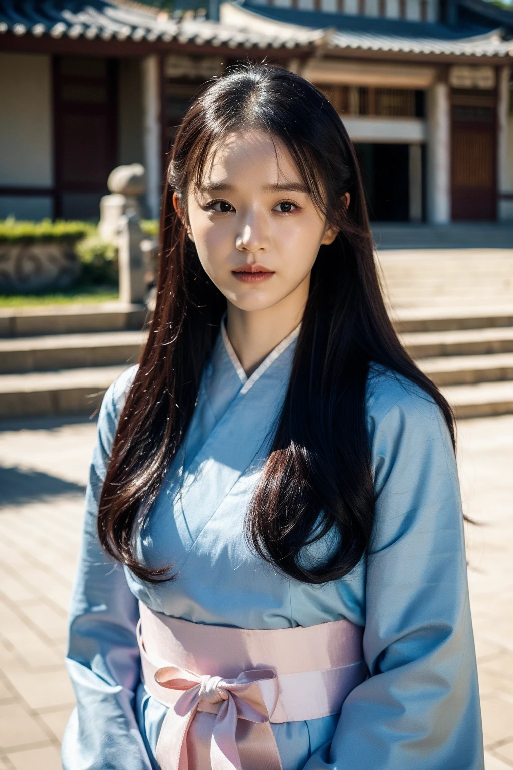 Best quality, masterpiece, ultra high res, (photorealistic), raw photo,1girl, skinny, upper body,solo, realistic, looking at viewer, long hair, korean hanbok, korean traditional dress, joseon era, ancient korean castle in background, korean old town, <lora:makina69_shinhyesun_v1.0:1>