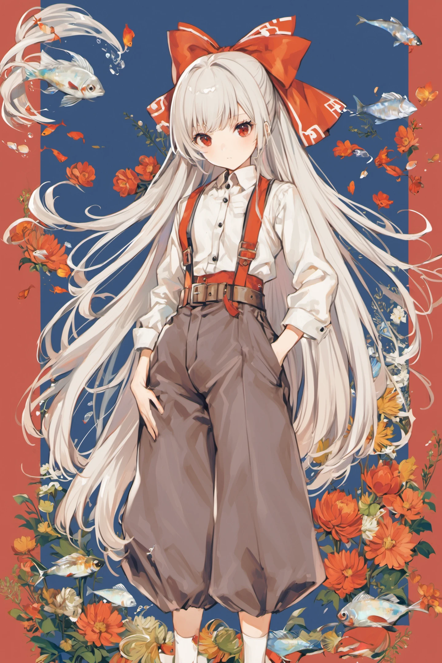 1girl, fujiwara no mokou, solo, long hair, white hair, flower, chrysanthemum, suspenders, red eyes, very long hair, bow, pants, hair bow, hair ribbon, hand in pocket, ribbon, belt, fish,<lora:Yogisya_XL:0.8>,