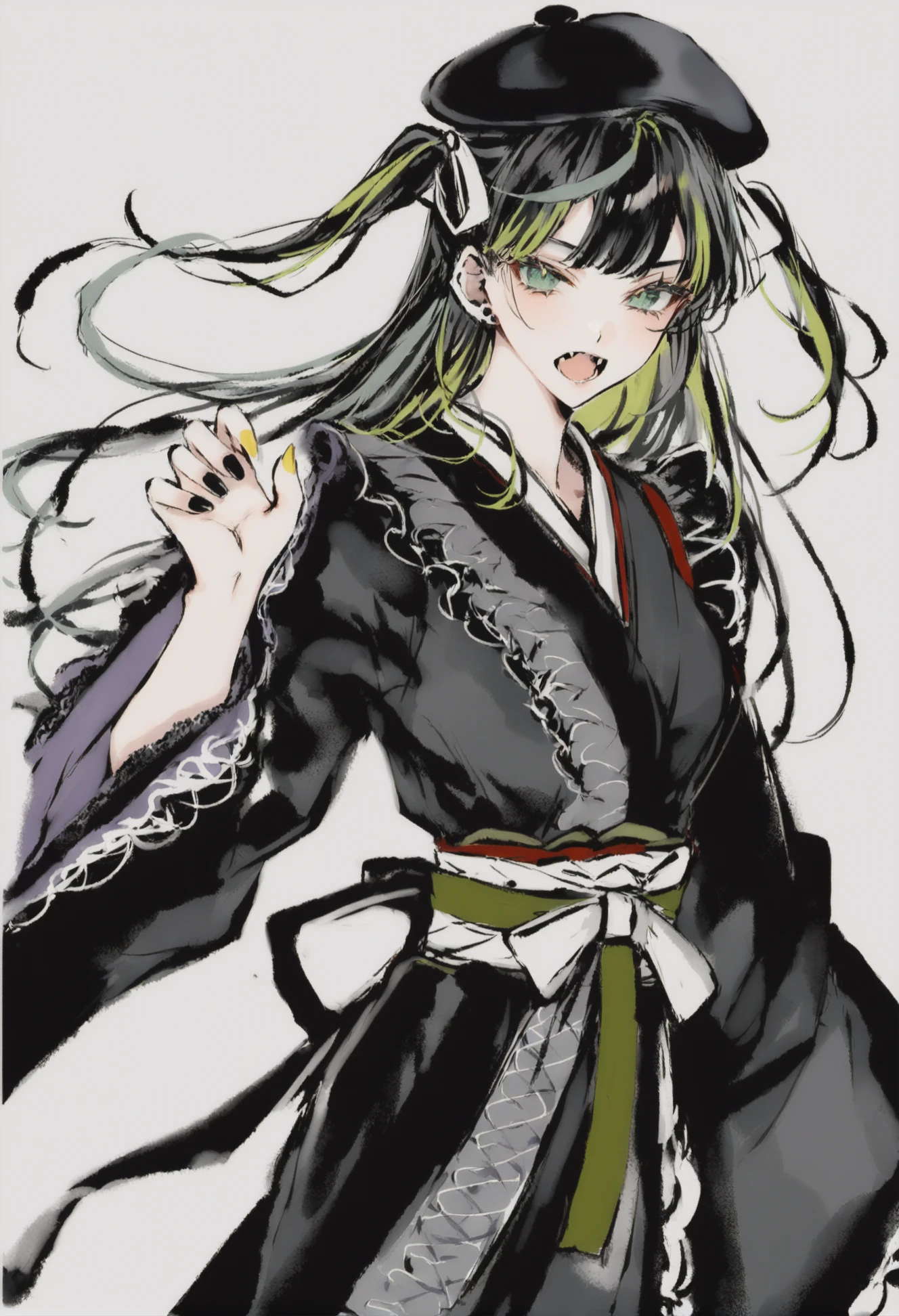 masterpiece, best quality, <lora:sd_xl_dpo_lora_v1-128dim:1>,solo, long sleeves, chinese clothes, white background, traditional media,hanfu,1girl, solo, black kimono, long hair, black hair, japanese clothes, multicolored hair, kimono, green eyes, open mouth, obi, long sleeves, hat, sash, frilled sleeves, fang, yellow nails, frills, bag, looking at viewer, bangs, black headwear, two-tone hair, beret, blush, wide sleeves, green hair, ribbon, two side up , very long hair, nail polish, black ribbon, cowboy shot, white bow, grey background, black nails, hand up, streaked hair, skin fang ,
<lora:inkXLlokr4fjru-000143:1>