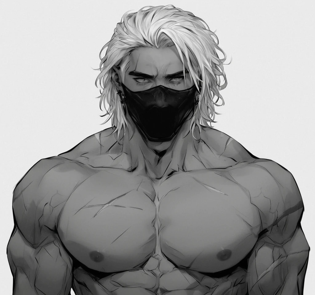 	score_9, score_8_up, score_7_up, score_6_up, score_5_up, score_4_up, score_9, solo, simple background, 1boy, white background, monochrome, greyscale, male focus, mask, muscular, scar, pectorals, muscular male, veins, topless male, black male, looking at the sky