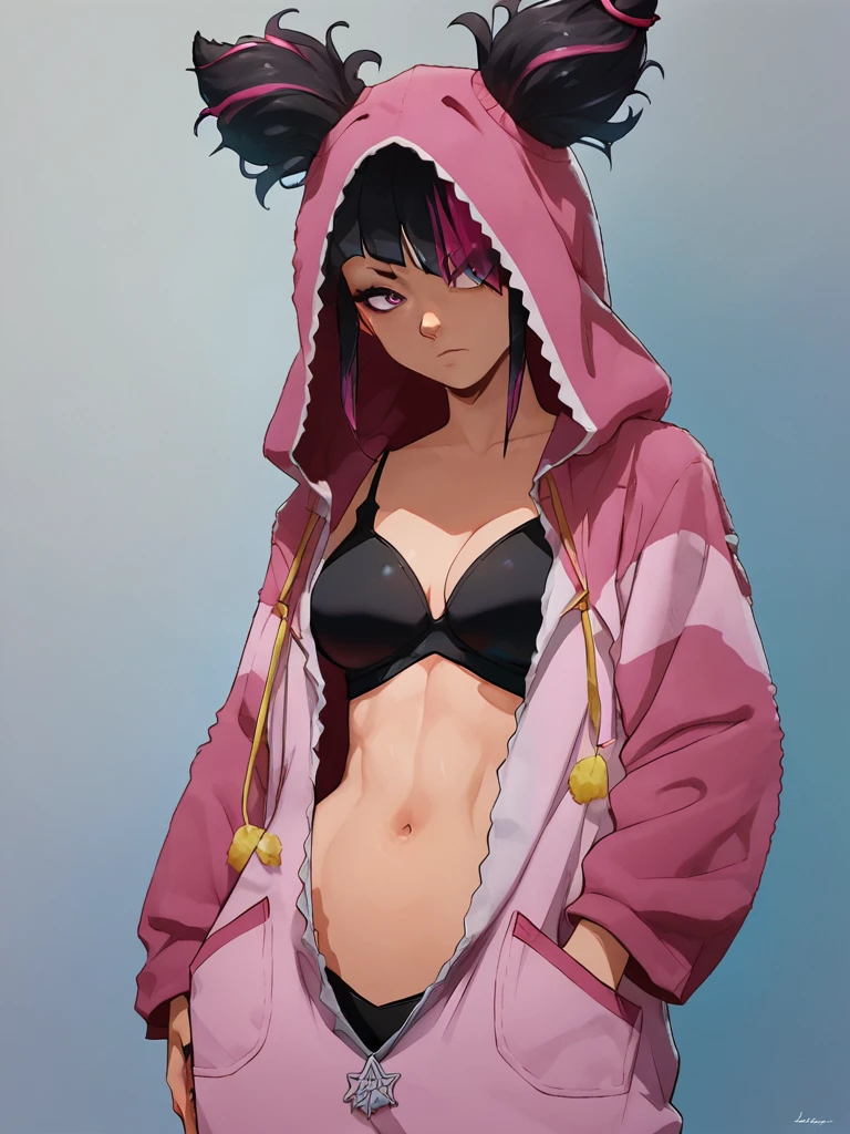 score_9, score_8_up, score_7_up, anime, 
standing, cowboy shot, 
jurims, sfvialt, 1girl, solo, multicolored hair, hair horns, hoodie, open hoodie, pajama, navel, black underwear, bangs
 <lora:Juri_PonyXL:1>, <lora:Smooth Anime Style LoRA XL:1>