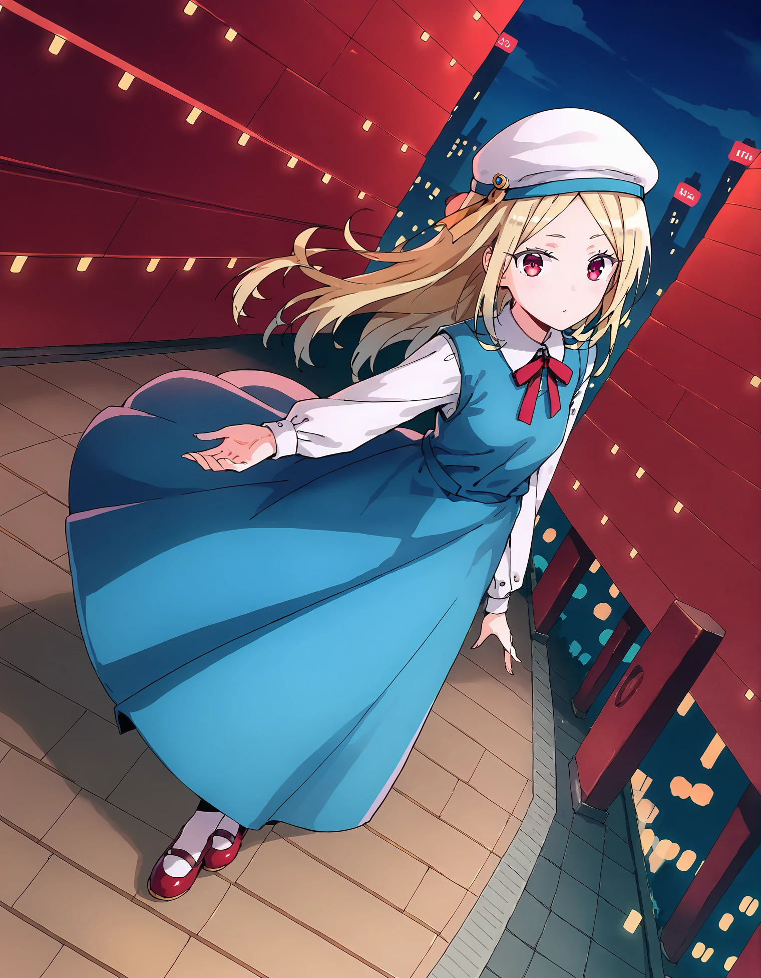 score_9, score_8_up, score_7_up, score_6_up, score_5_up, score_4_up, rating_questionable, a girl standing on the top of a mistic temple, jiangshi, from above, dutch angle, wind lift, city lights, cityscape, night, 
 <lora:hiten_style_xl_v1-000070:1> <lora:morinokurisu_xl_v3_w1:.7>mrnkrs, blonde, red eyes, beret, neck ribbon,blue pinafore dress, shirt, pantyhose, mary janes