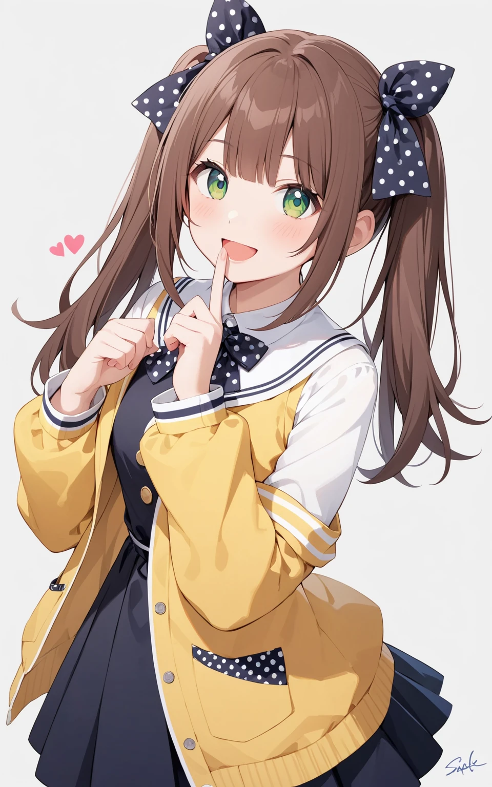 1girl, \(kurisu tina\), ogipote, virtual youtuber, blunt bangs, signature, sleeveless, blush, twintails day, black dress, finger to mouth, shushing, white shirt, smile, shirt, yellow jacket, heart, black bow, dress, long sleeves, polka dot, brown hair, polka dot bow, twintails, hand up, hair bow, sleeveless dress, solo, :d, bow, jacket, green eyes, simple background, masterpiece, newest, absurdres, safe