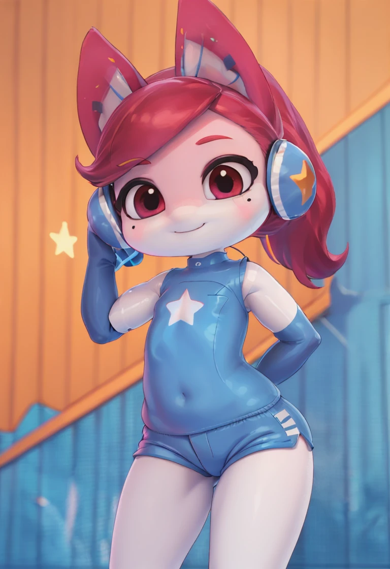 <lora:ai_one:0.9>ai_one , 1 girl  , red hair , animal ears  ,smile  , star (symbol) , red eyes , headphones  ponytail ,blue  body suit  ,  sleeveless ,blue shorts ,   white legs ,  mole under eye ,closed mouth