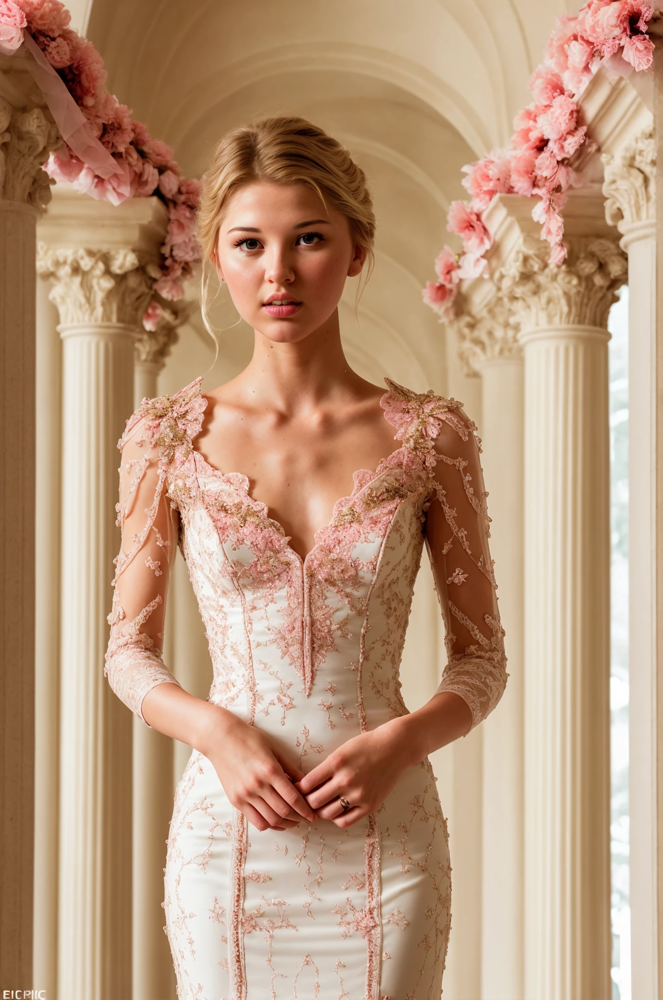 RAW photo, tv_Sarah_Grey_A, , clever expression, wearing an ornate wedding dress, elegant makeup, pink lips, standing by the altar, ornately detailed glass mosaic in the background, ((full body shot)),, (((epic-Ultra-HD-details, epic-Ultra-HD-highlights, epic-photo-same-realistic, upscaled-resolution, optimal))) PA7_Human-Likeness