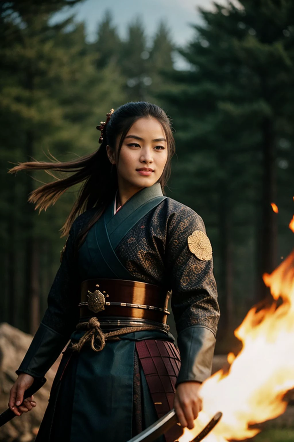 Battle scene, Cinematic still, full body shot of annasawa1, wearing feminine samurai armor, standing in a chaotic battle, holding a katana sword, multiple samurai fighting in the background, smirking, long hair, smile, traditional makeup, <lora:annasawa1:1>, war, fire, smoke, feudal japan, realistic, Amateur Photographer, subsurface scattering, film grain, very detailed skin texture, high quality, 35mm photograph, film grain, bokeh, professional, 4k, highly detailed