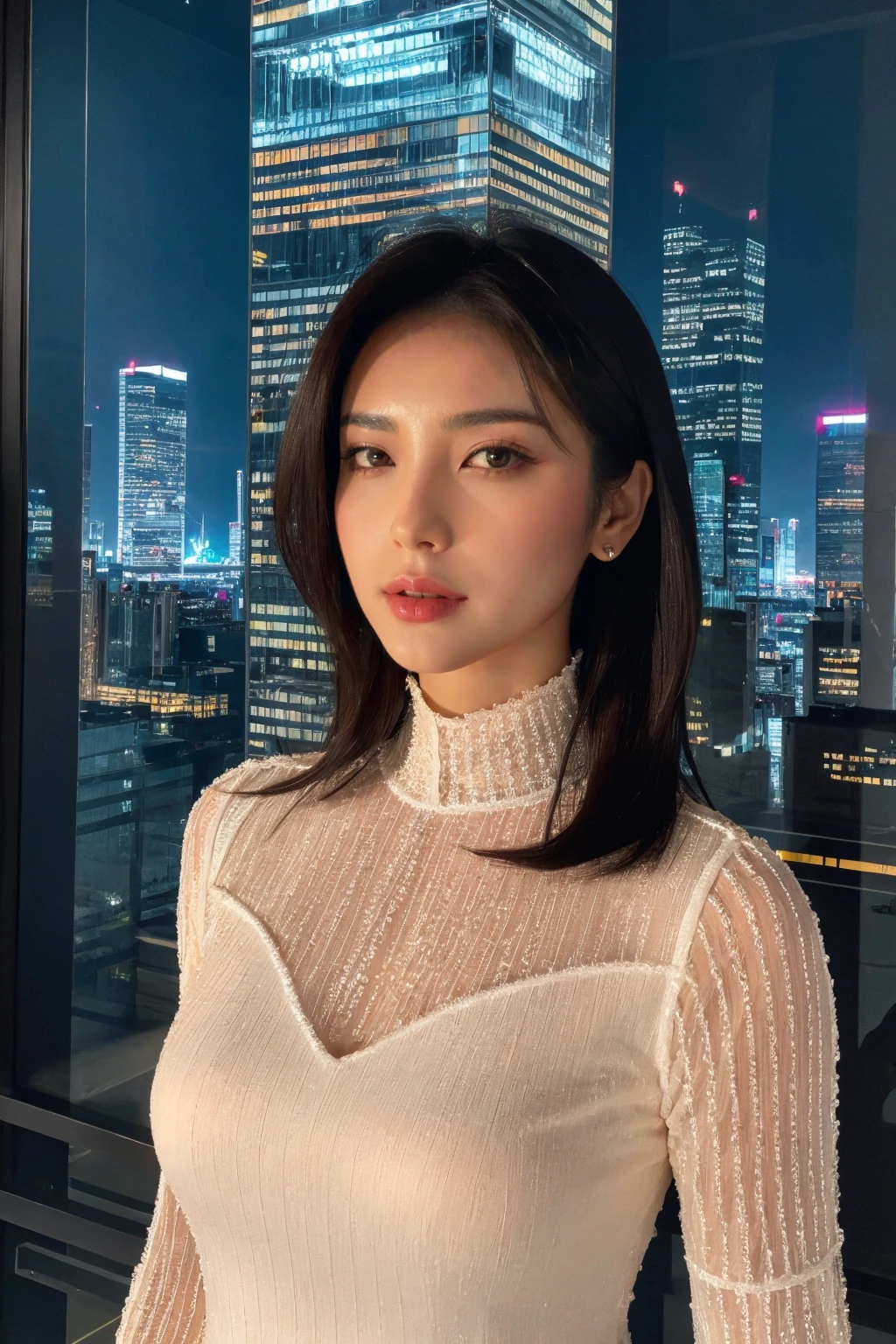 (1girl),closeup,4k, 8k, ultra highres, raw photo in hdr, sharp focus, intricate texture,realistic, detailed facial features, highly detailed face, ((detailed)),Architecture, Glass skyscrapper,tall building,night,standing,Neon light, Electrifying light, Vibrant glow, Neon illumination, Sharpness throughout, Balanced depth of field,<lora:Seohyun1:0.7> Seohyun1
