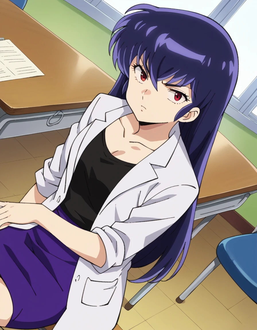 score_9, score_8_up, score_7_up, source_anime,
uruseiyatsurasakura, <lora:urusei-sakura-ponyxl-lora-nochekaiser:1>,
sakura, long hair, purple hair, red eyes,
labcoat, white labcoat, collarbone, shirt, black shirt, skirt, pencil skirt, purple skirt,
indoors, infirmary, sitting, chair, desk,
looking at viewer, cowboy shot, dutch angle,