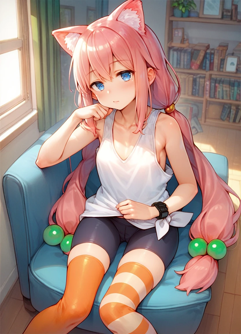 score_9, score_8_up, score_7_up, score_6_up, source_cartoon, nekomiyahinata, 1girl, solo, blue eyes,  pink hair, very long hair, white tank top, black bike shorts, living room, animal ears, wristwatch on left hand,  asymmetrical legwear, mismatched legwear, hair bobbles, striped legwear, sitting on chair
<lora:nekomiyahinata_pdxl-000009:1>  <lora:100_one-image-style-LoRA-1 SDXL_LoRA_Pony Diffusion V6 XL:0.8>