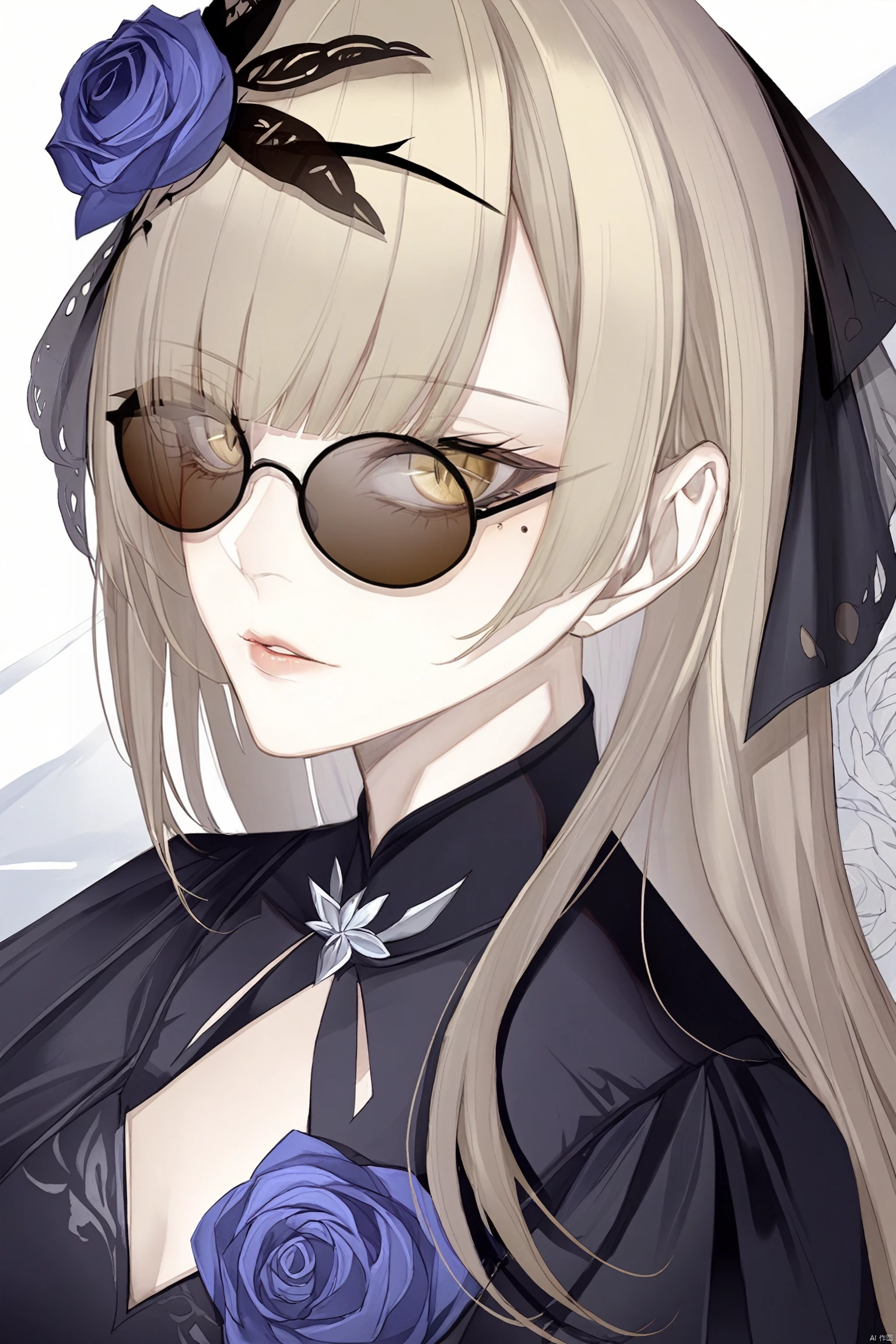 masterpiece, best quality,1girl, bird, yellow eyes, owl, long hair, parted lips, solo, blonde hair, hair bow, bangs, sunglasses, portrait, round eyewear, lips, black bow, blunt bangs, slit pupils, animal, eyelashes, ,midie,1girl,rita rossweisse,hair over one eye,flower,black single glove,hair ornament,hair flower,rose,breasts,black dress,mole under eye,long brownhair<lora:EMS-325312-EMS:0.700000>, <lora:EMS-322053-EMS:0.800000>