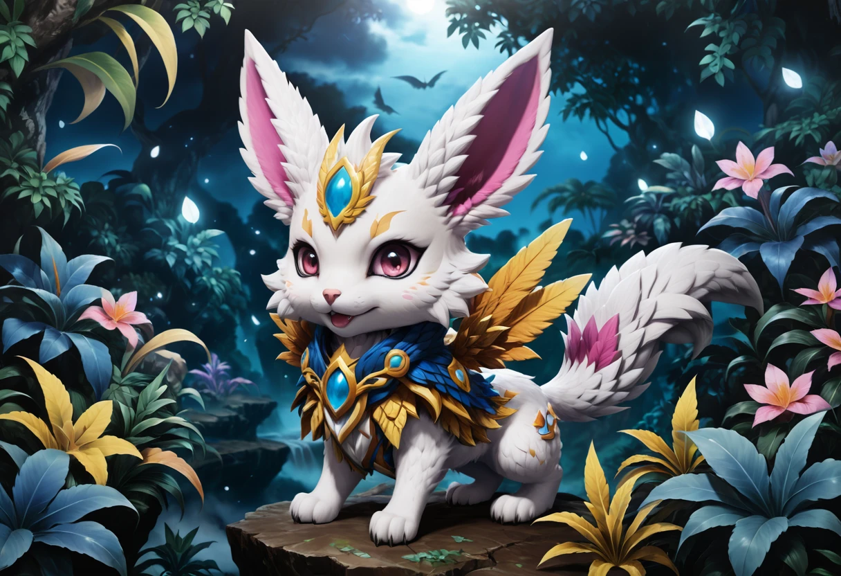 kawaii style monster hunter mizutsune, in a jungle at night, fog, cloudy sky, detailed eyes, shrubbery, cute, adorable, brightly colored, cheerful, anime influence, highly detailed